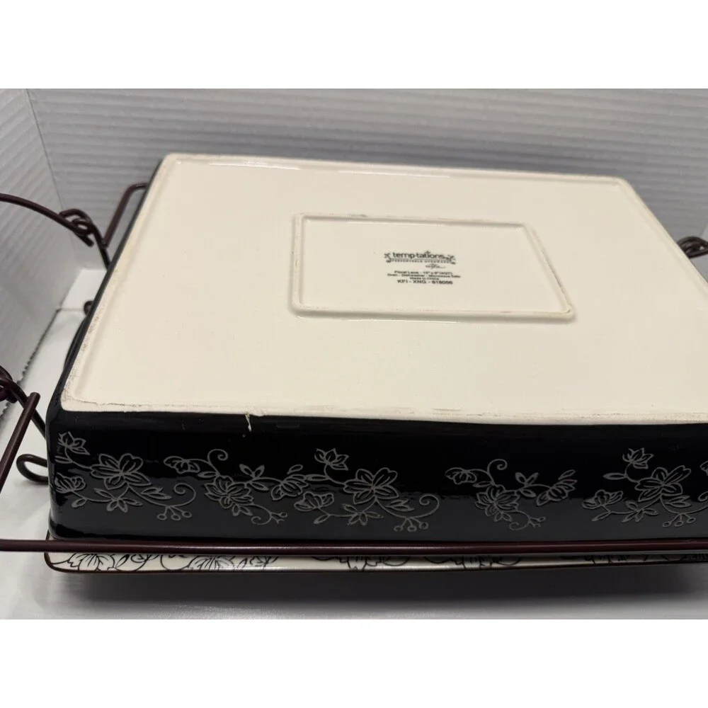 Temp-tations Floral Lace 13x9 Baking Dish Black Brown 4 QT Rack,Lid Hot Plate